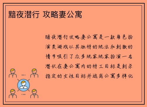 黯夜潜行 攻略妻公寓